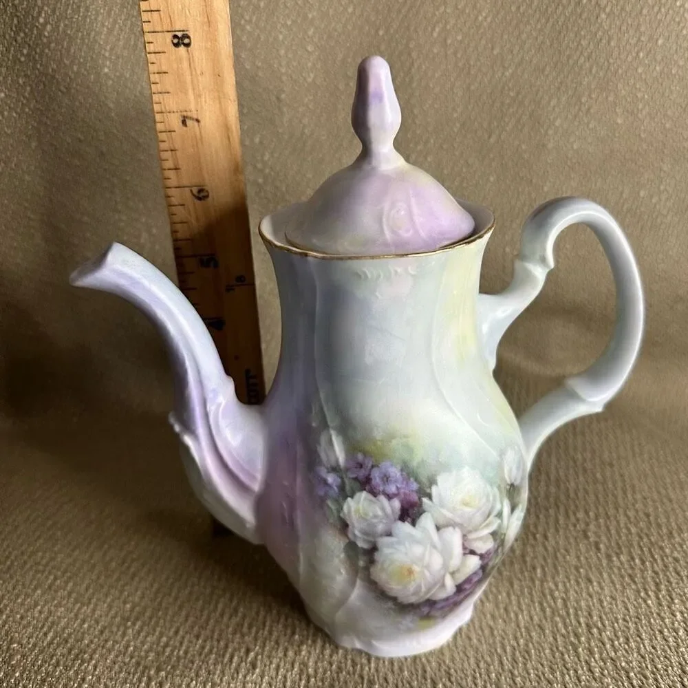 Vintage Bernadotte Porcelain Coffee Tea Pot Czech Republic Purple Roses 7.5”